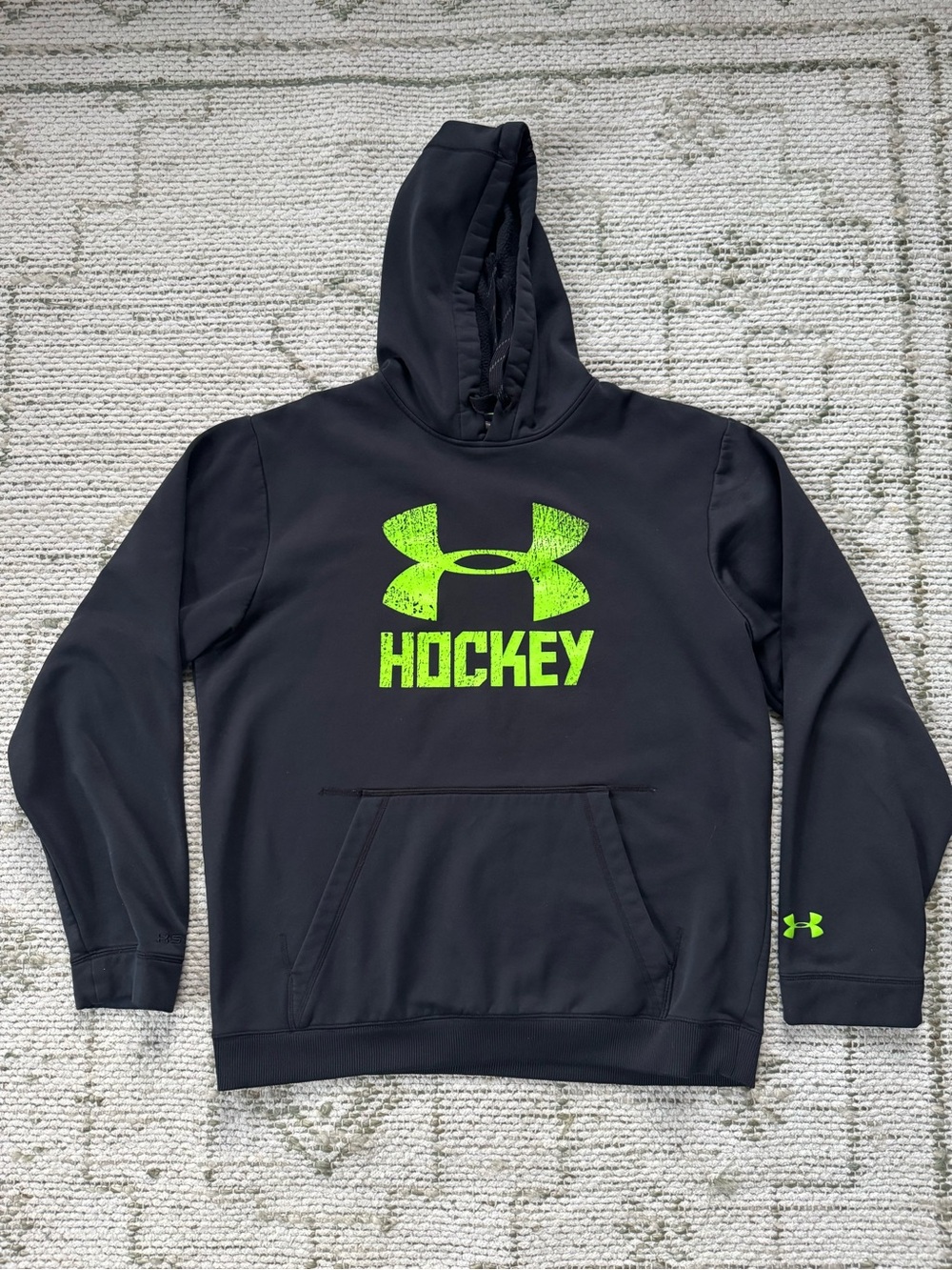 Under Armour Men’s Black Hoodie with Neon Green Logo - Hockey - Medium